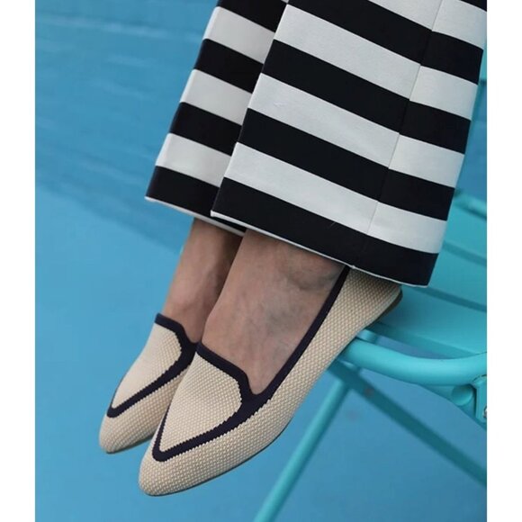 Birdies The Blackbird Pointed Toe Flats Woven Slip On Loafer Eggshell Navy 9.5 - Picture 1 of 15